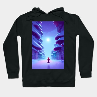 Anime Girl Moon Snowy Empty Street Christmas Landscape Hoodie